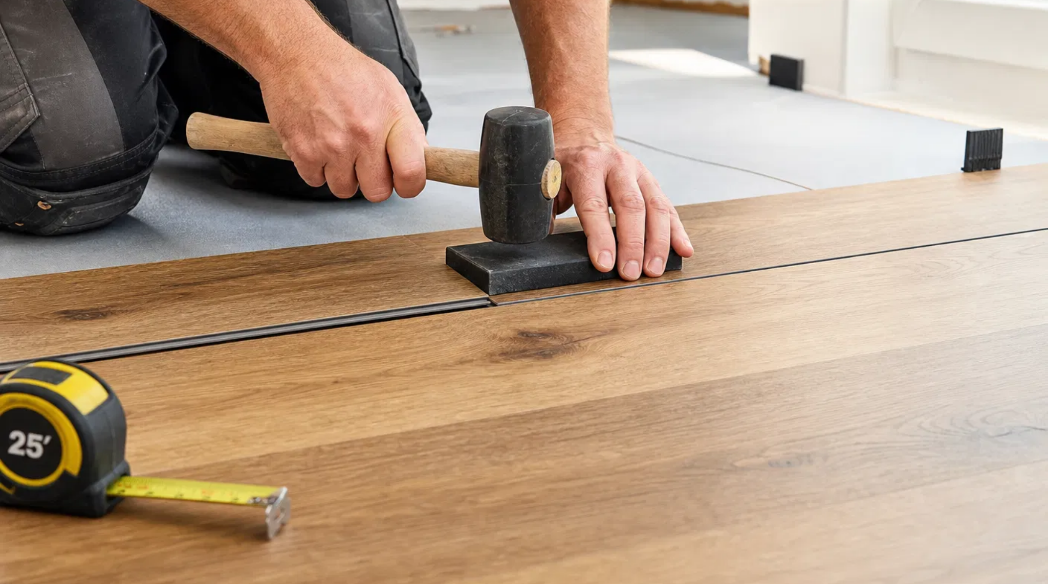 Professional installer performing a Peachtree Corners, GA LVP Installation with precision tools.
