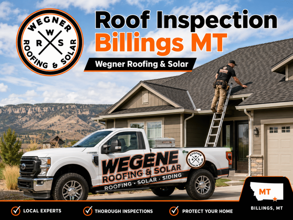 Roof Inspection Billings MT by Wegner Roofing & Solar shows a contractor inspecting a house roof next to a company truck.