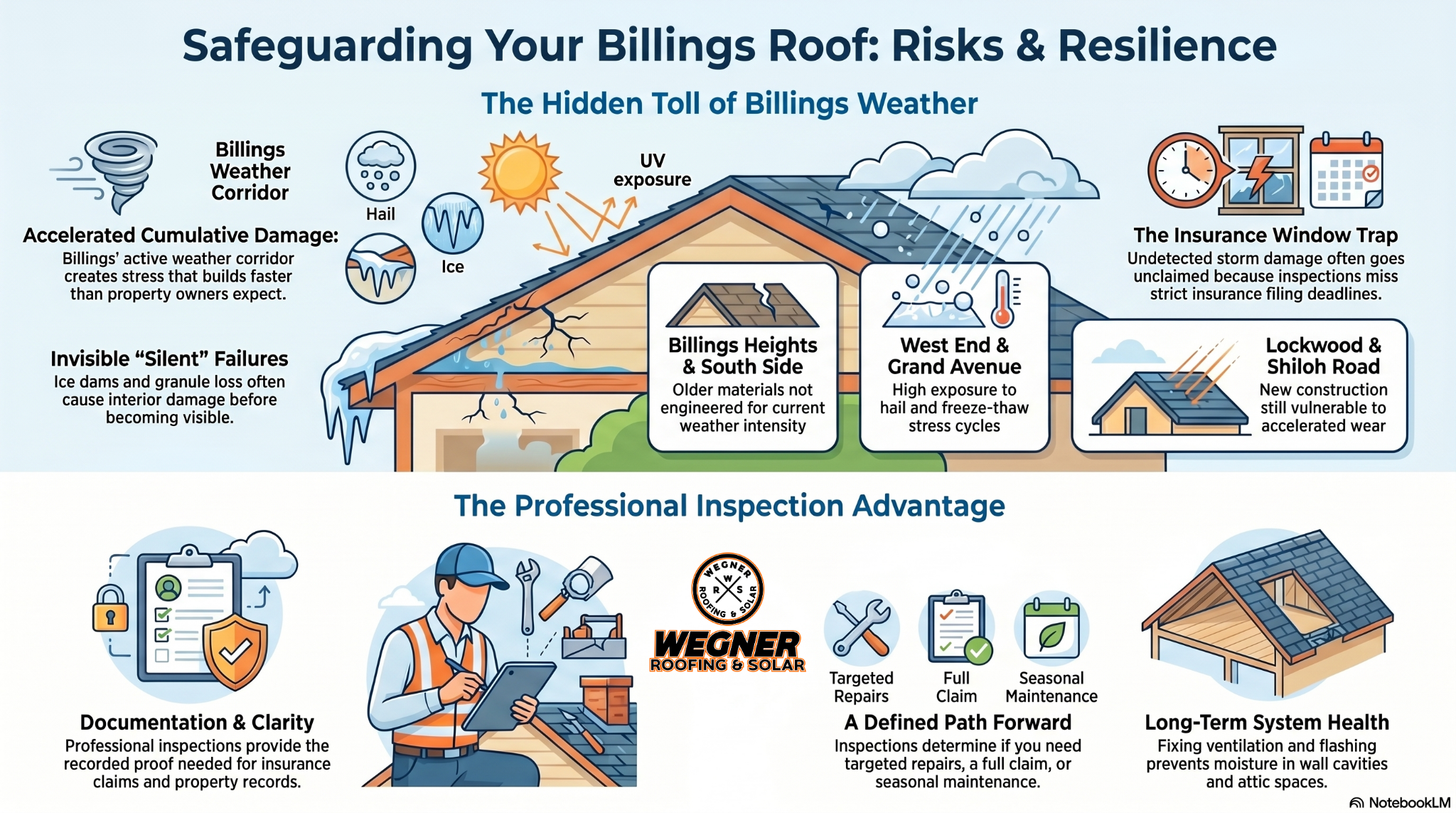 Infographic on Roof Inspection Billings MT by Wegner Roofing & Solar highlighting weather risks and professional benefits.