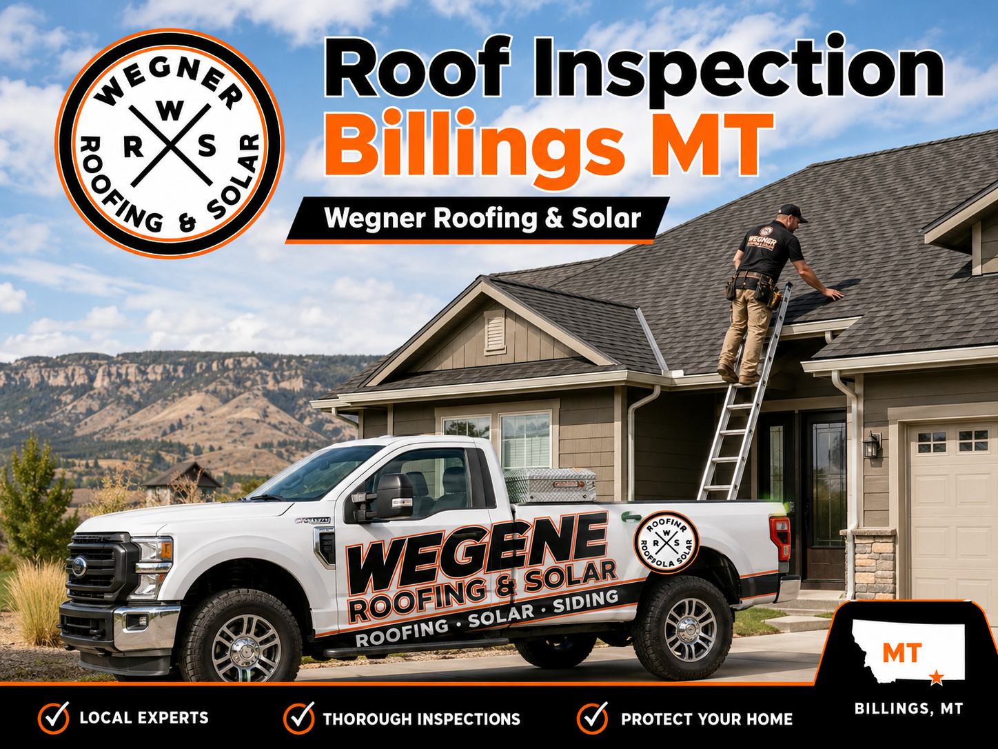 Roof Inspection Billings MT by Wegner Roofing & Solar shows a contractor inspecting a house roof next to a company truck.