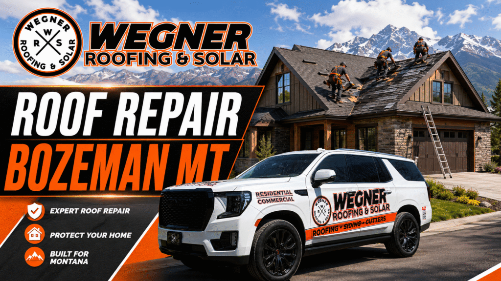 Wegner Roofing & Solar truck and team performing a residential Roof Repair Bozeman MT with mountains in the background.