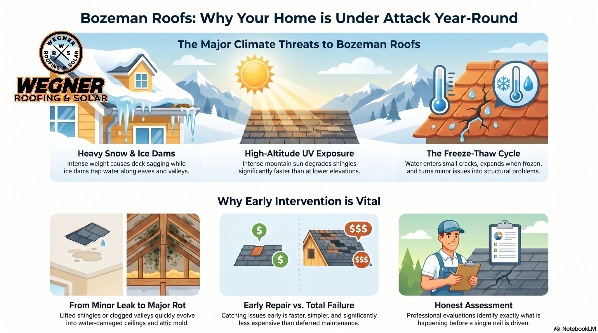 Wegner Roofing & Solar infographic explaining the need for Roof Repair Bozeman MT due to snow, UV rays, and leaks.
