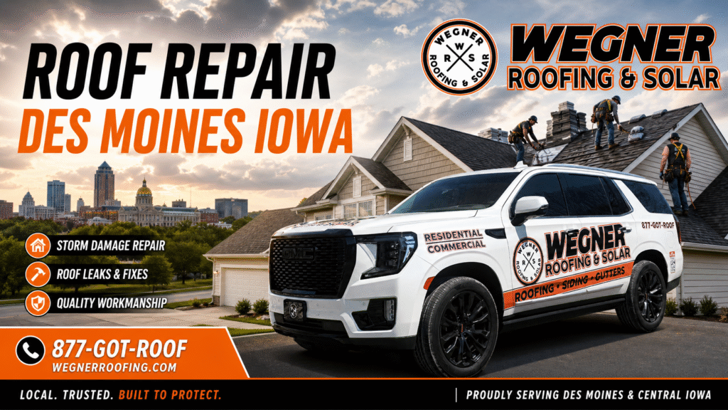 Wegner Roofing & Solar truck providing Roof Repair Des Moines Iowa with a view of the city skyline and residential work.