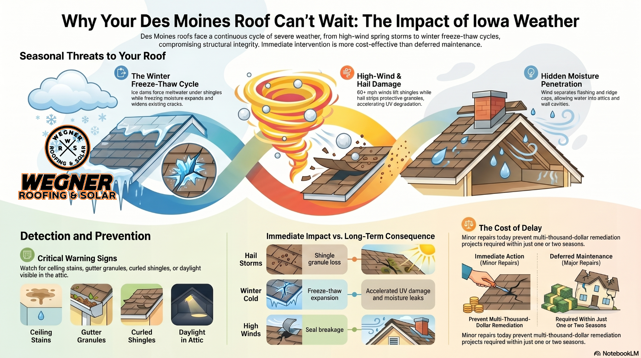 Roof Repair Des Moines Iowa infographic by Wegner Roofing & Solar showing how Iowa weather impacts shingle integrity.