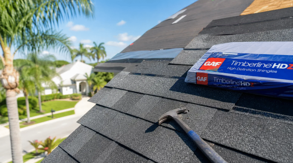Close-up of high-quality shingles and tools used for Roof Repair Palm Beach Gardens in a sunny coastal neighborhood.