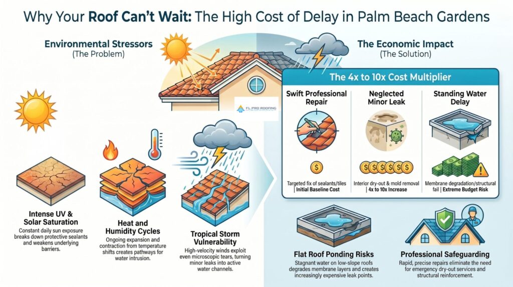 Infographic explaining the importance of timely roof repair Palm Beach Gardens, contrasting environmental stressors with the economic impact and costs of delayed maintenance.