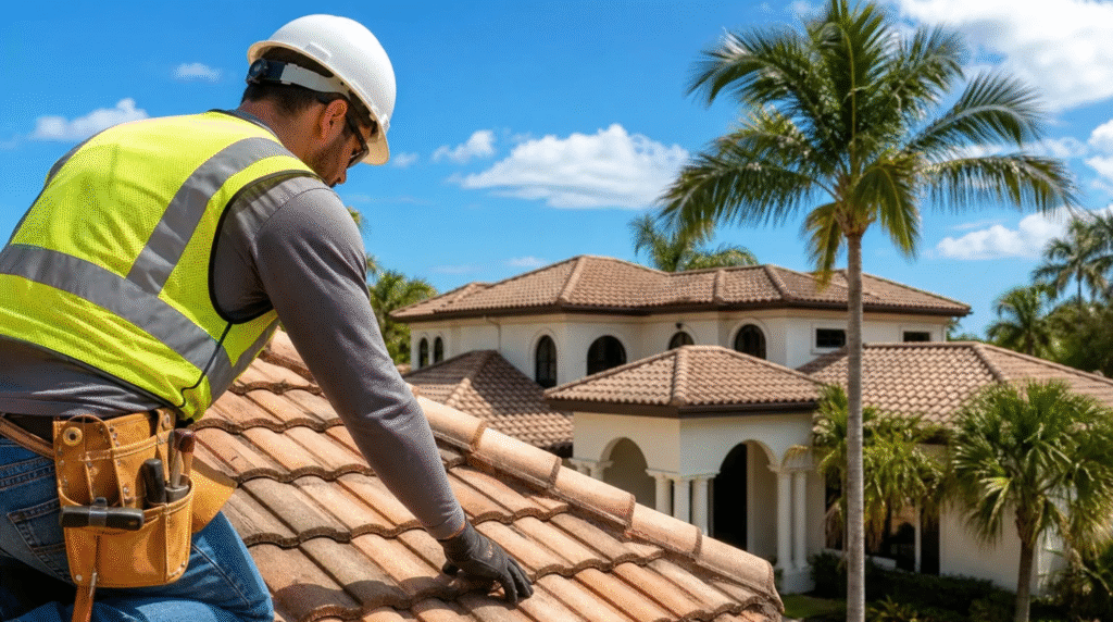 Professional contractor performing a residential Roof Repair Palm Beach Gardens on a Mediterranean-style home with clay tiles.
