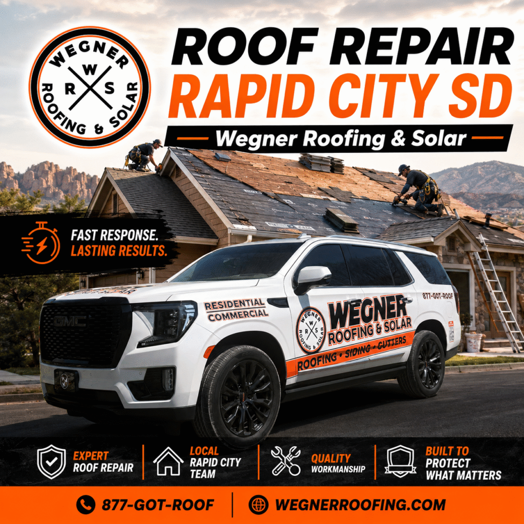 Roof Repair Rapid City SD by Wegner Roofing & Solar featuring a branded SUV and crew repairing a storm-damaged roof today.