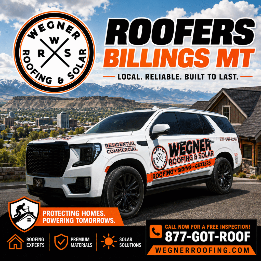 Wegner Roofing & Solar service truck in front of mountains. Top-rated Roofers Billings MT for residential and commercial.