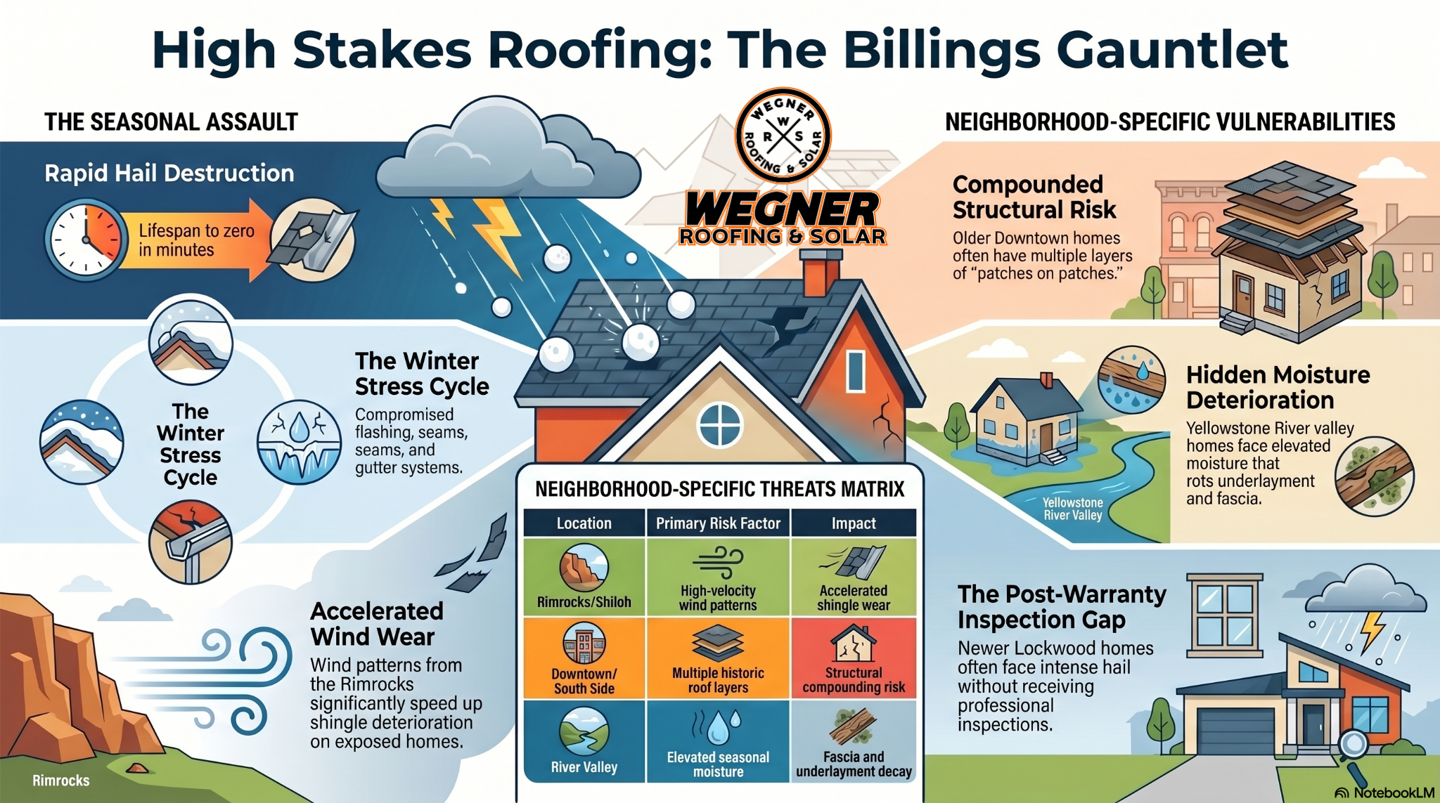 High Stakes Roofing infographic by Wegner Roofing & Solar showing hail and wind risks for Roofers Billings MT customers.