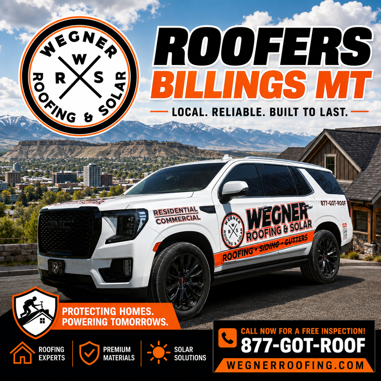 Wegner Roofing & Solar service truck in front of mountains. Top-rated Roofers Billings MT for residential and commercial.