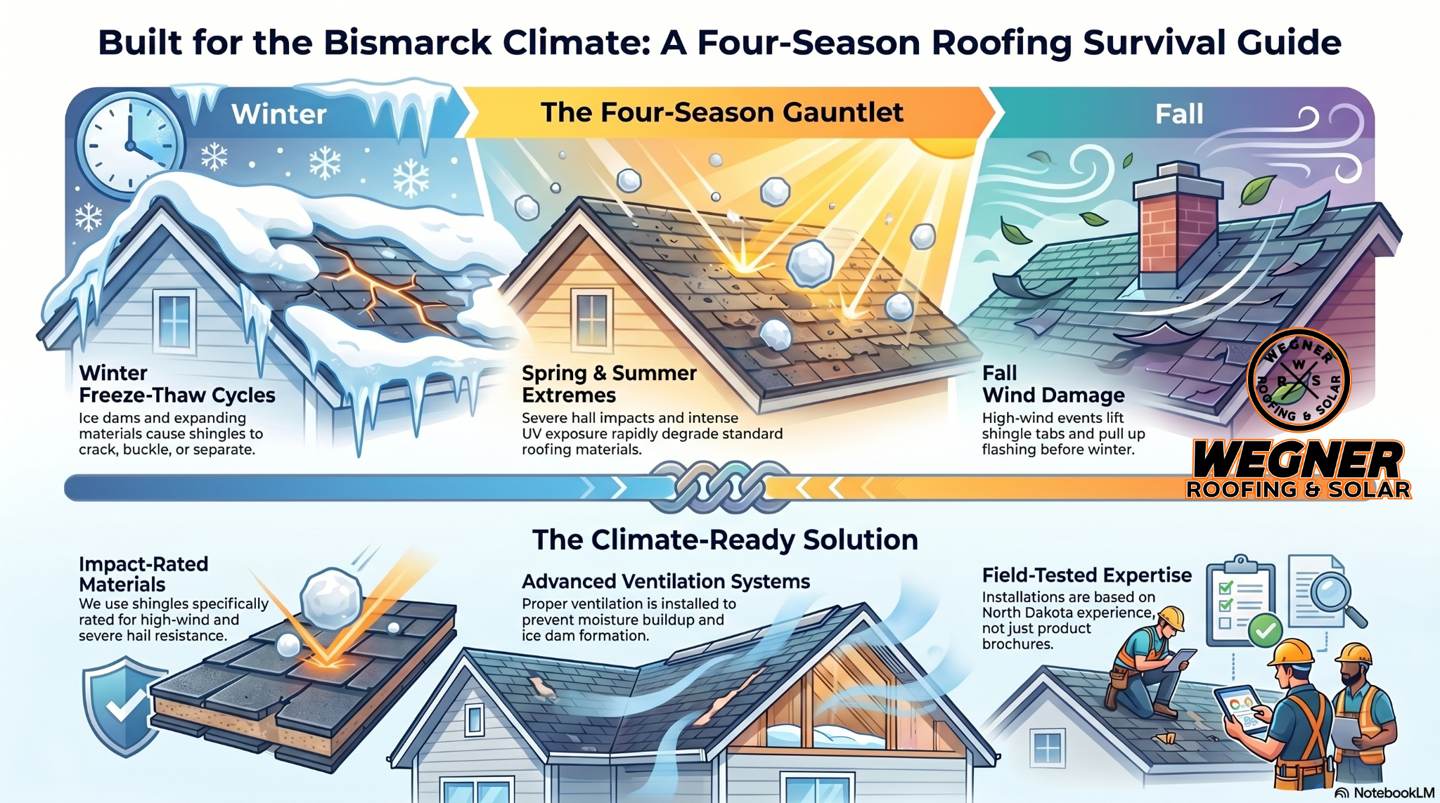 Infographic by Wegner Roofing & Solar on climate solutions from expert Roofers Bismarck ND.