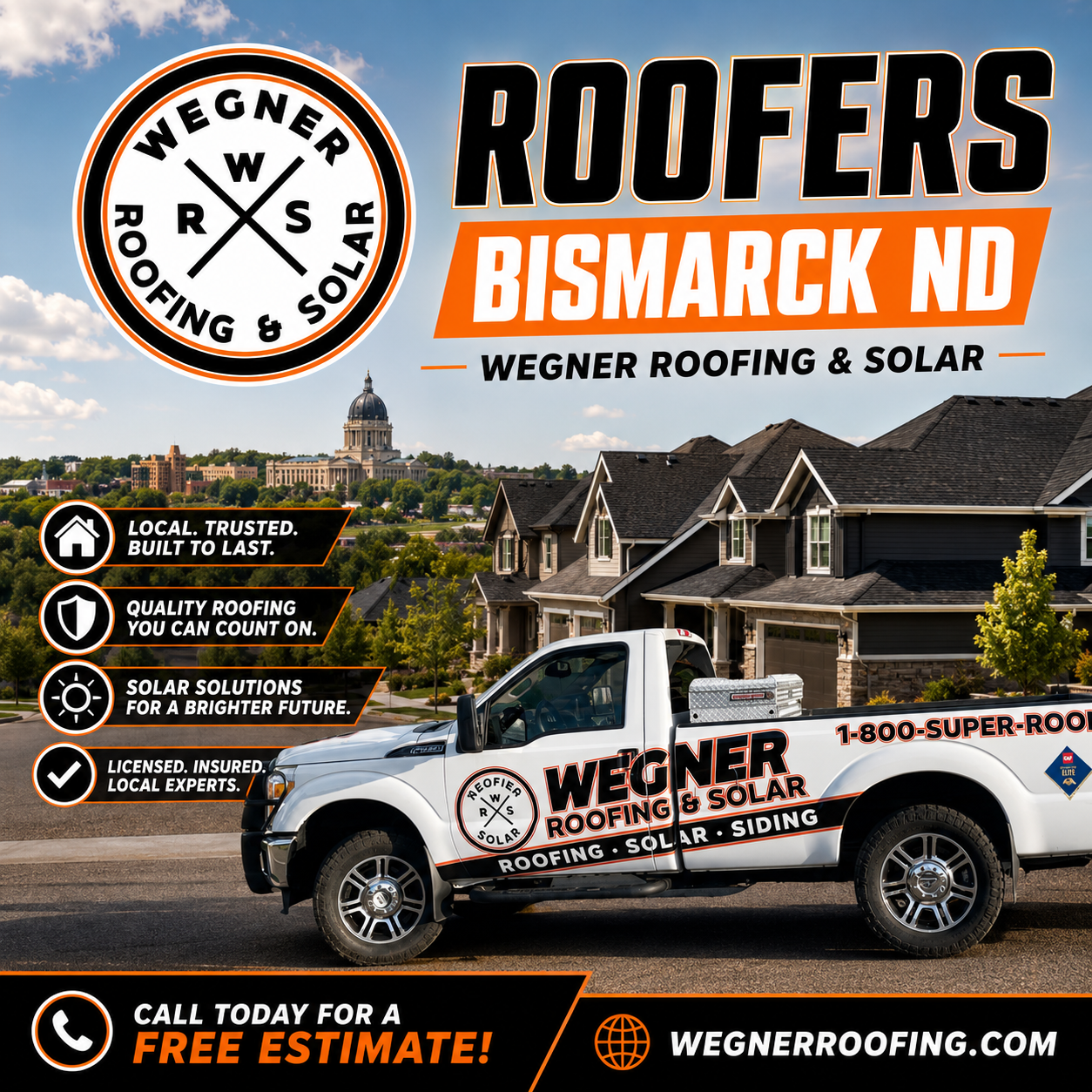 Wegner Roofing & Solar truck parked near homes, showcasing services from premier Roofers Bismarck ND.