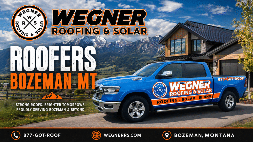 A blue Wegner Roofing & Solar service truck parked outside a mountain home, highlighting premier Roofers Bozeman MT.