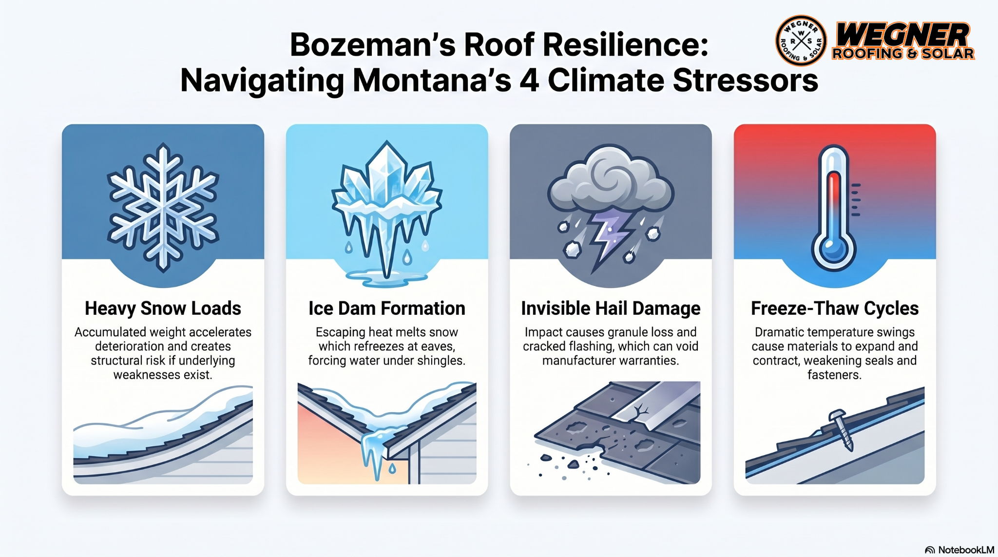 Wegner Roofing & Solar infographic detailing Montana climate stressors to help homeowners find expert Roofers Bozeman MT.