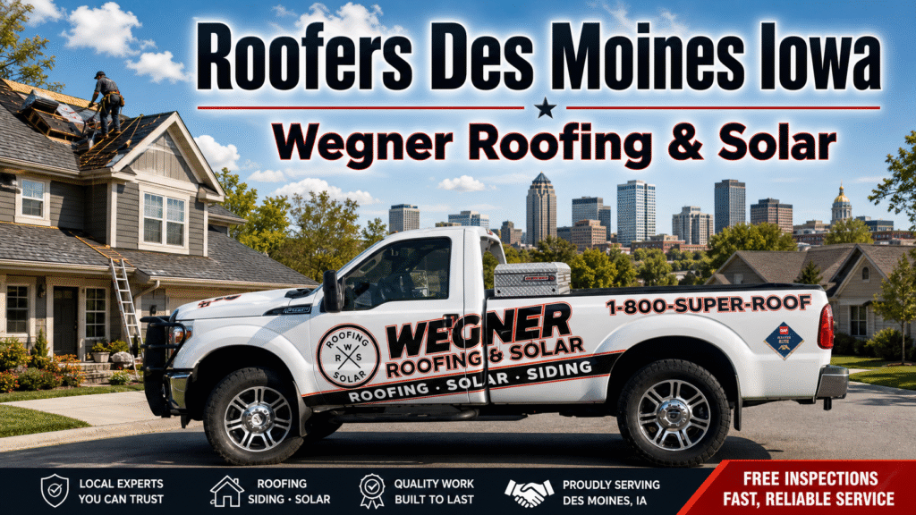 Expert Roofers Des Moines Iowa by Wegner Roofing & Solar offers free inspections and reliable local roofing services.