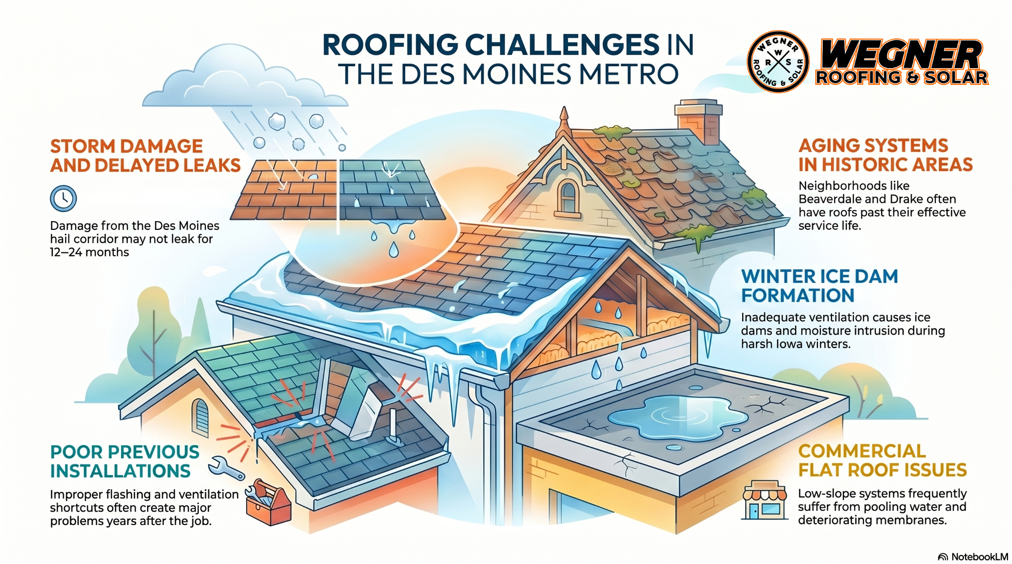 Roofing challenges for Roofers Des Moines Iowa by Wegner Roofing & Solar, including storm damage and winter ice dams.