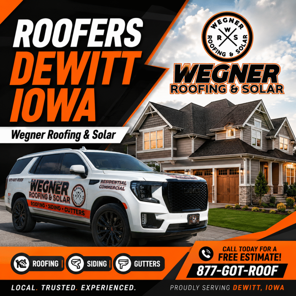 Roofers Dewitt Iowa by Wegner Roofing & Solar, featuring a branded SUV in front of a modern home for roofing services today.