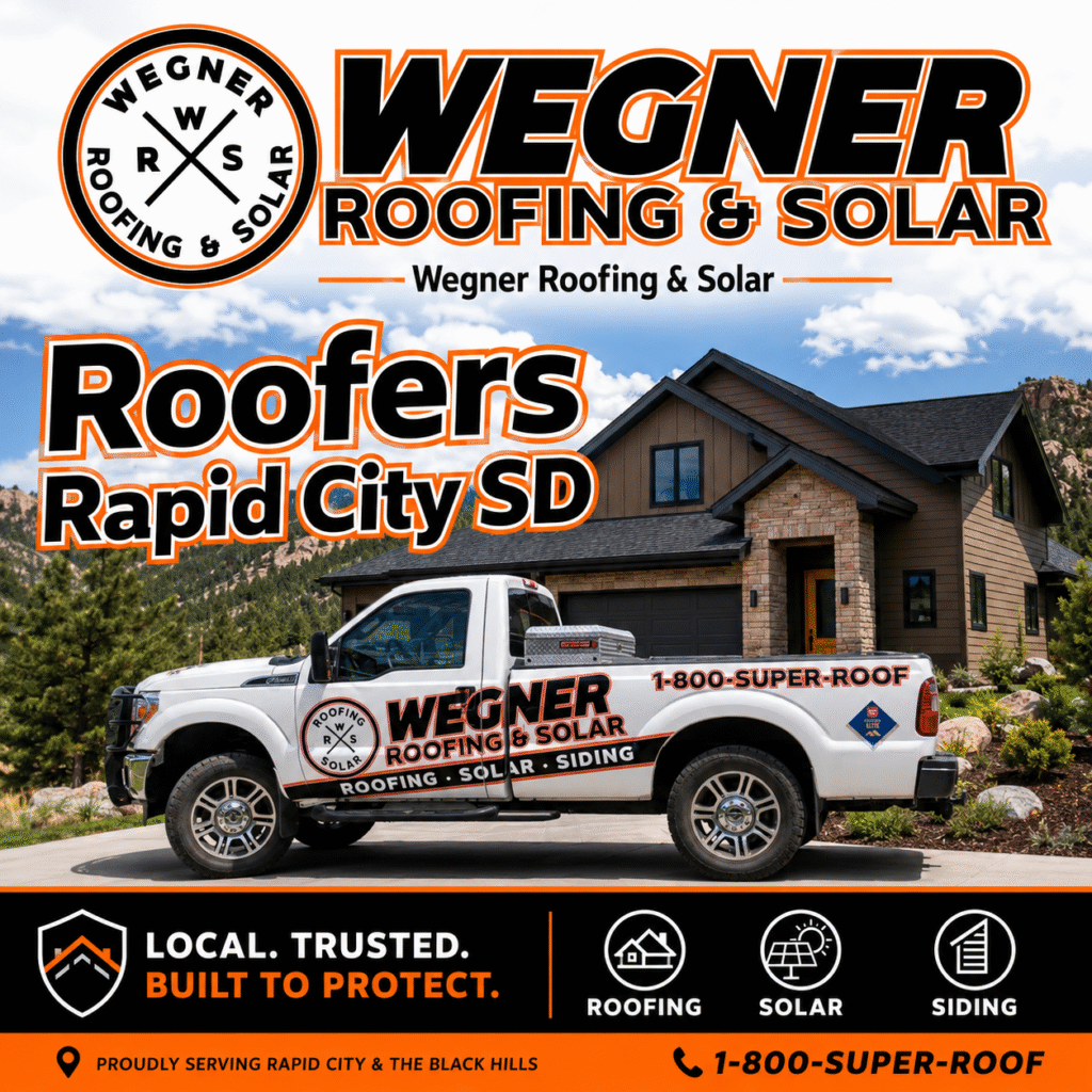 Roofers Rapid City SD by Wegner Roofing & Solar featuring branded truck, company logo, and home with roofing & solar.