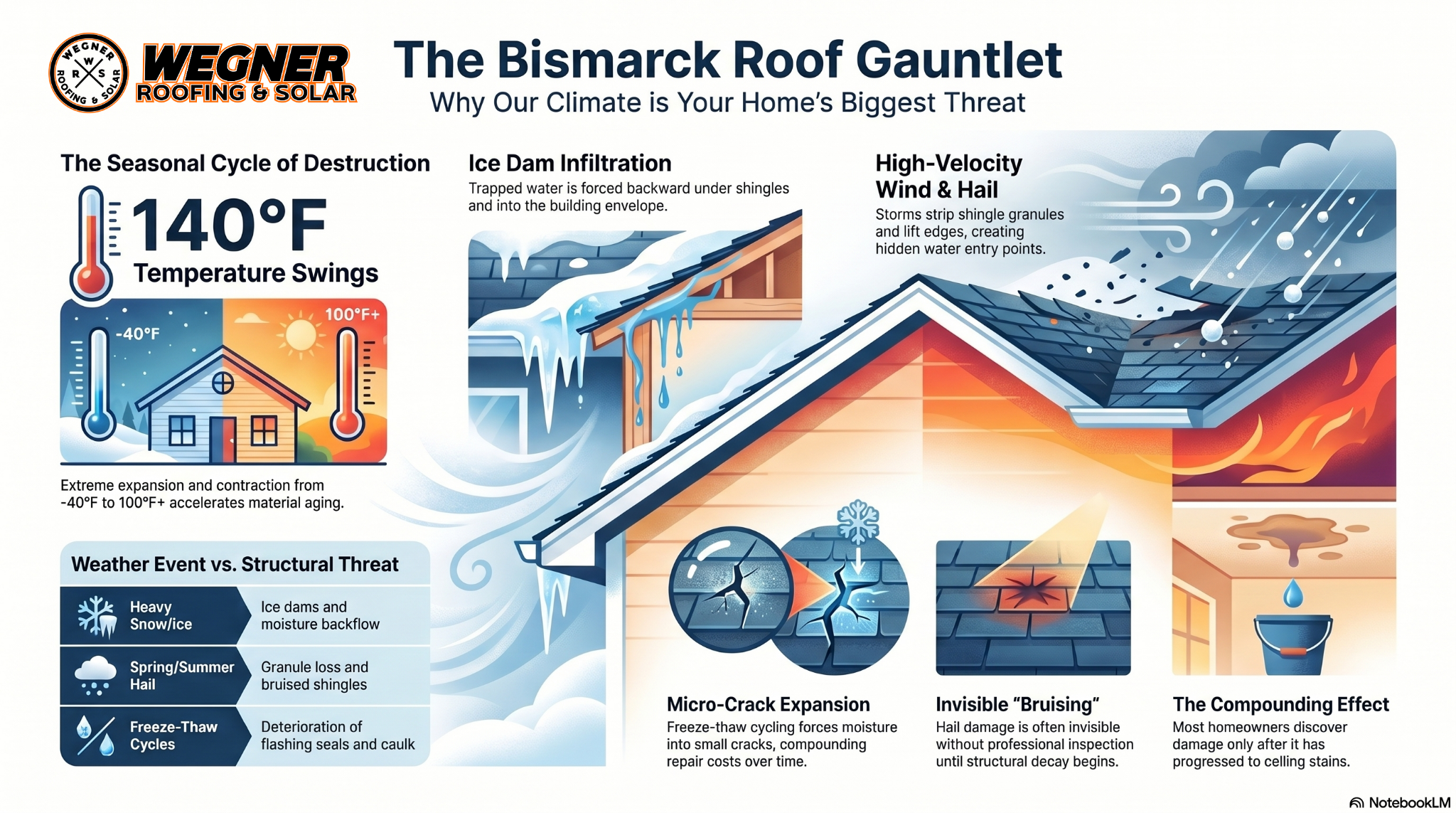 Infographic on local weather threats by Wegner Roofing & Solar, a leader among Roofing Companies Bismarck ND.