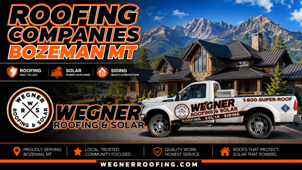 Service truck banner for Wegner Roofing & Solar, one of the premier Roofing Companies Bozeman MT trusts.