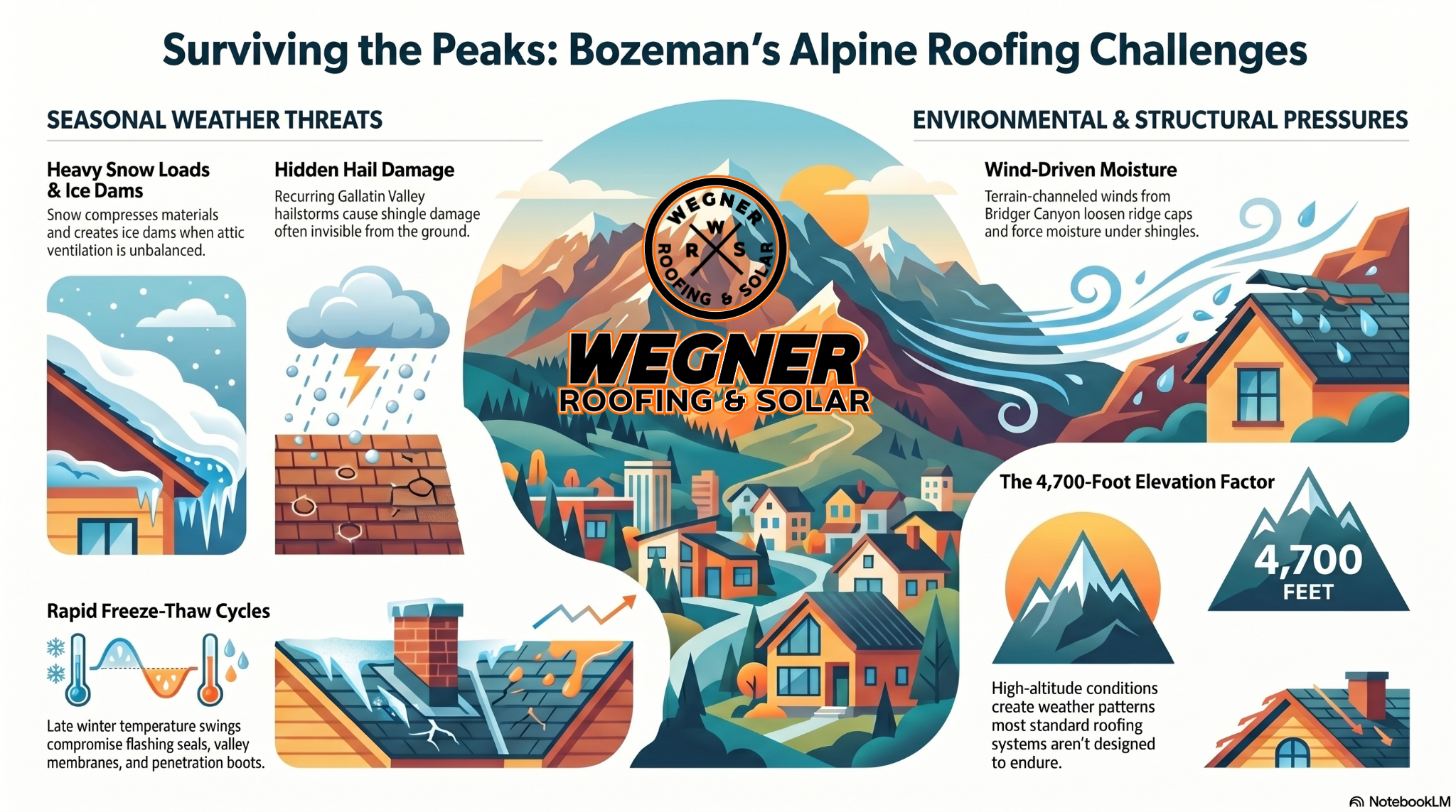 Alpine roofing challenges infographic by Wegner Roofing & Solar, top choice among Roofing Companies Bozeman MT.