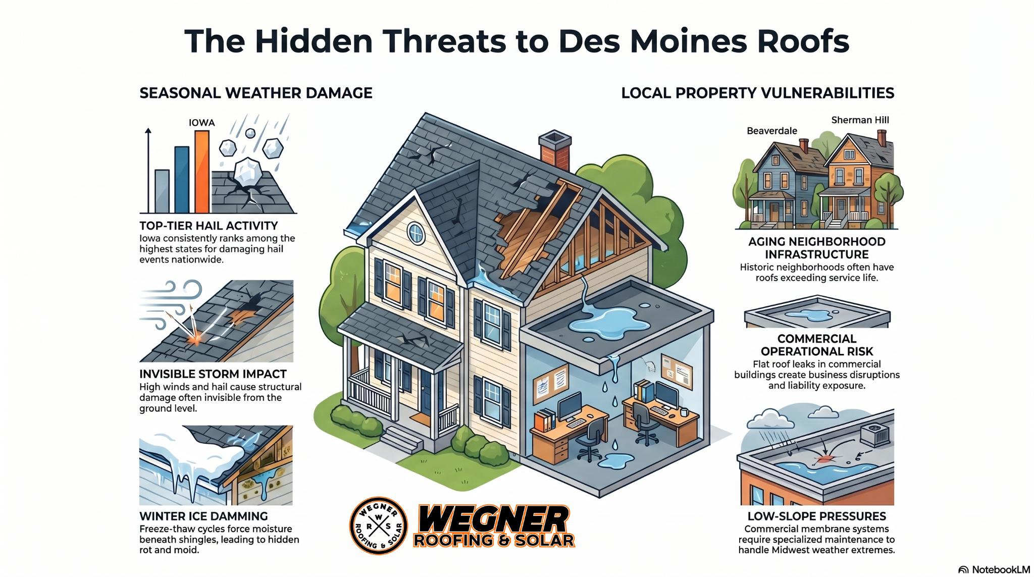 Wegner Roofing & Solar infographic on common roof threats, a guide from top roofing companies Des Moines Iowa.