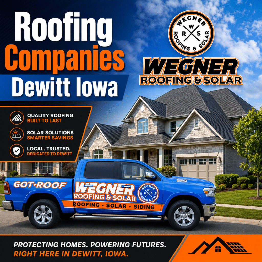 Roofing Companies Dewitt Iowa by Wegner Roofing & Solar featuring branded truck and house with clear logo.