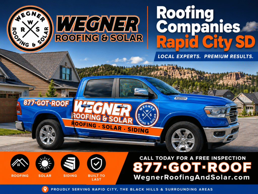Roofing Companies Rapid City SD ad by Wegner Roofing & Solar with branded truck, house, logo, and local details in Rapid City