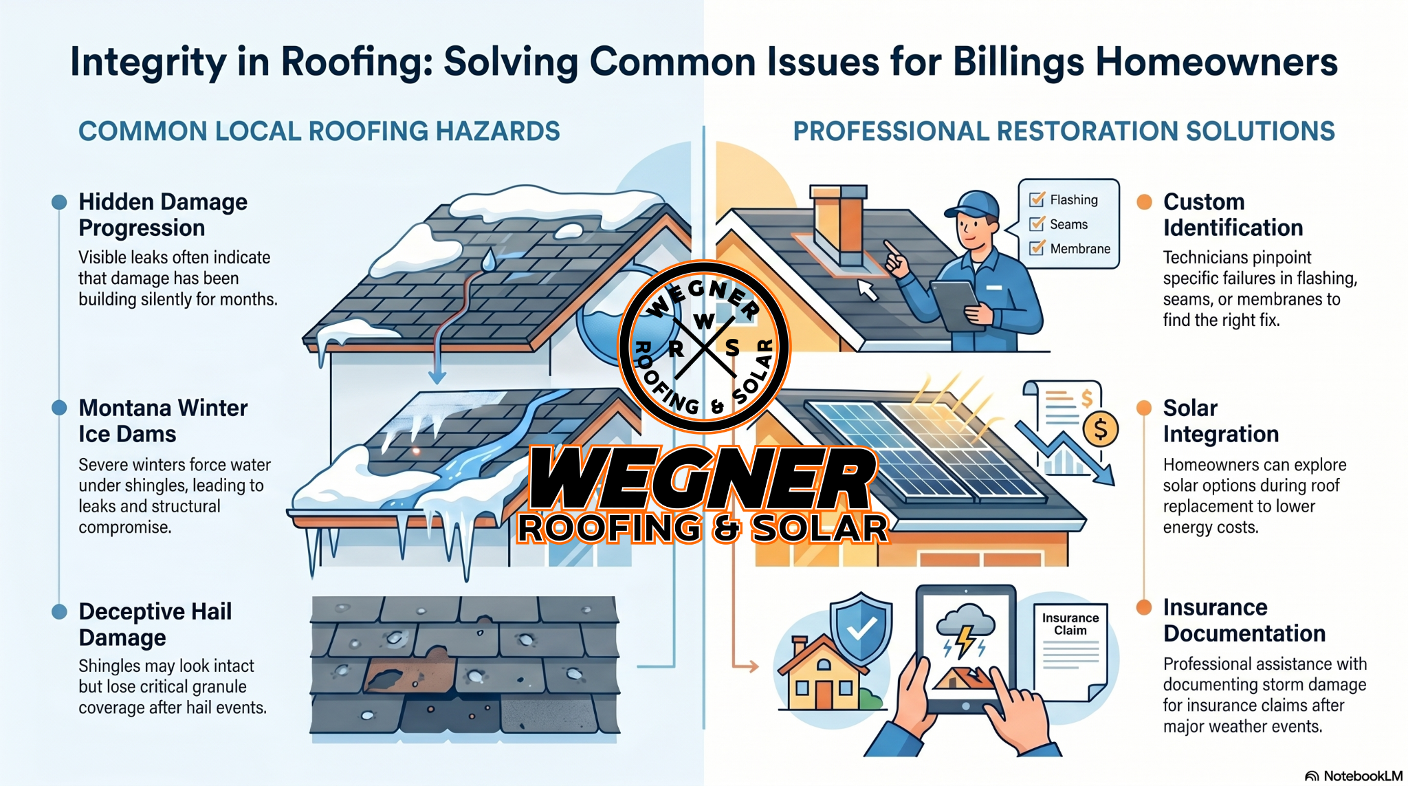 Infographic on local hazards and solutions by Wegner Roofing & Solar, top Roofing Contractor Billings MT.