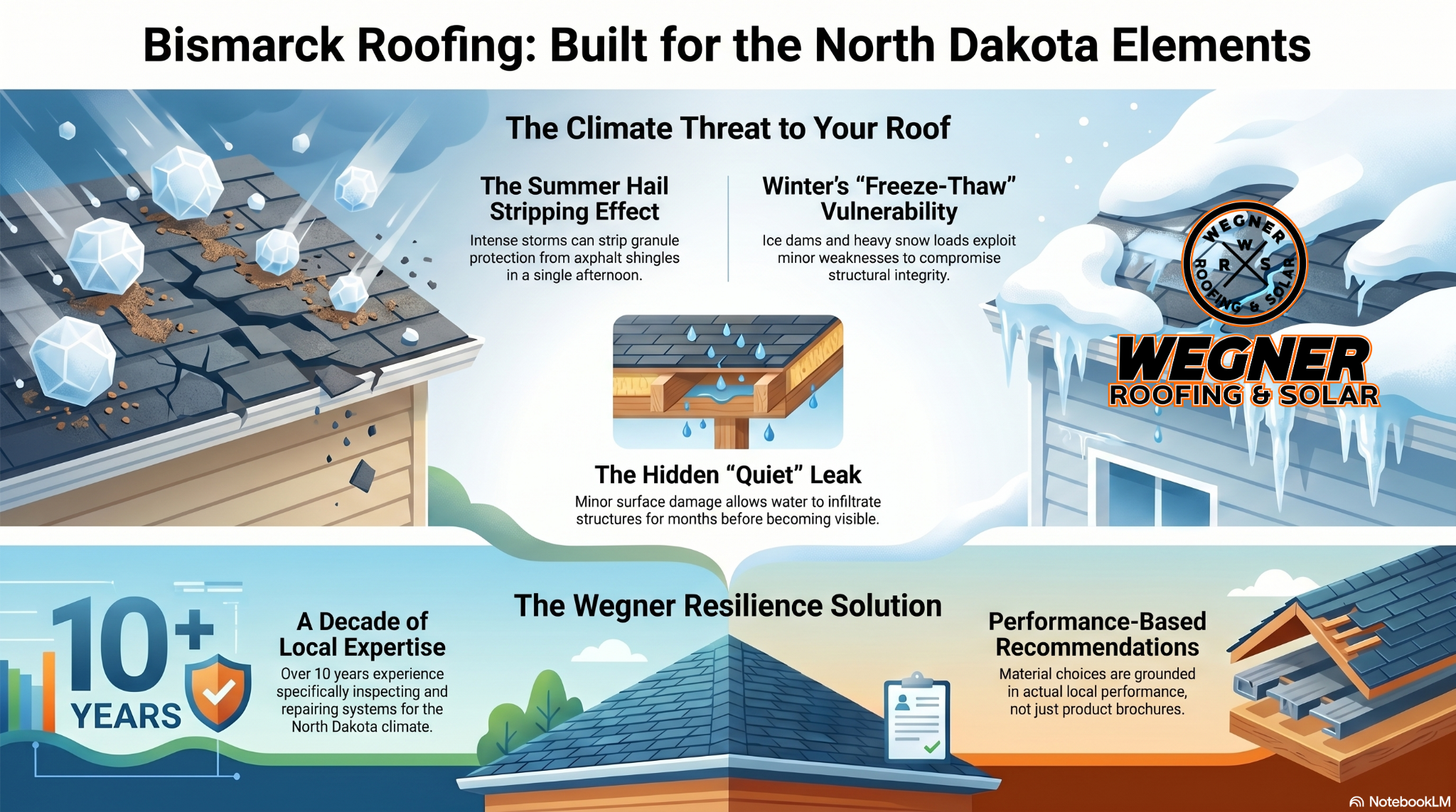 Wegner Roofing & Solar, a roofing contractor Bismarck ND, infographic on North Dakota climate threats and local expertise.