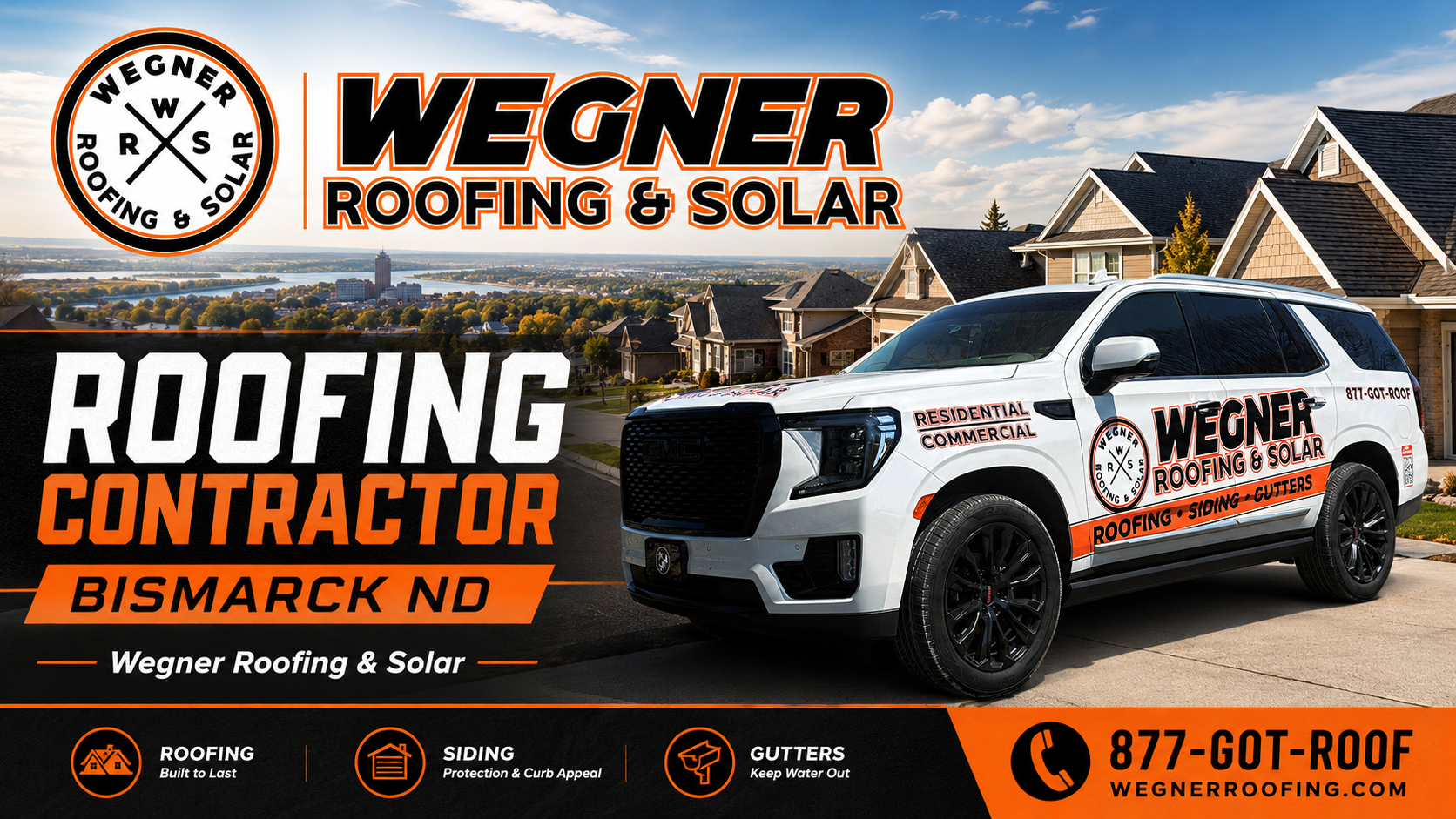 A branded SUV for Wegner Roofing & Solar, a premier roofing contractor Bismarck ND, offering roofing, siding, and gutters.