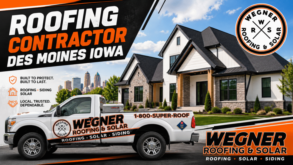 A Wegner Roofing & Solar truck parked by a home; the premier Roofing Contractor Des Moines Iowa for roofing and siding.