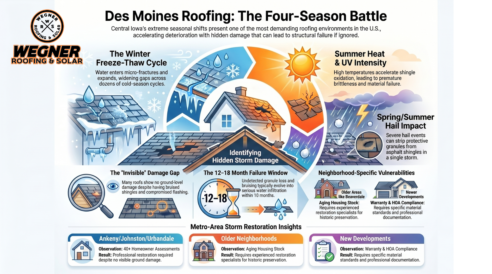 Wegner Roofing & Solar infographic on the four-season battle for a Roofing Contractor Des Moines Iowa homeowners trust.