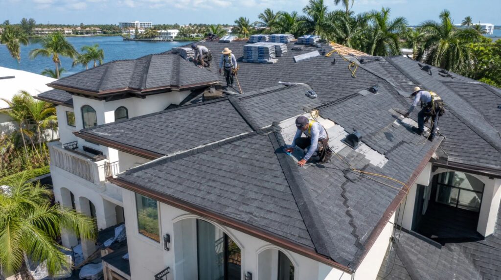 Professional crew performing a high-quality Roofing Installation North Palm Beach, FL on a luxury Mediterranean-style home.