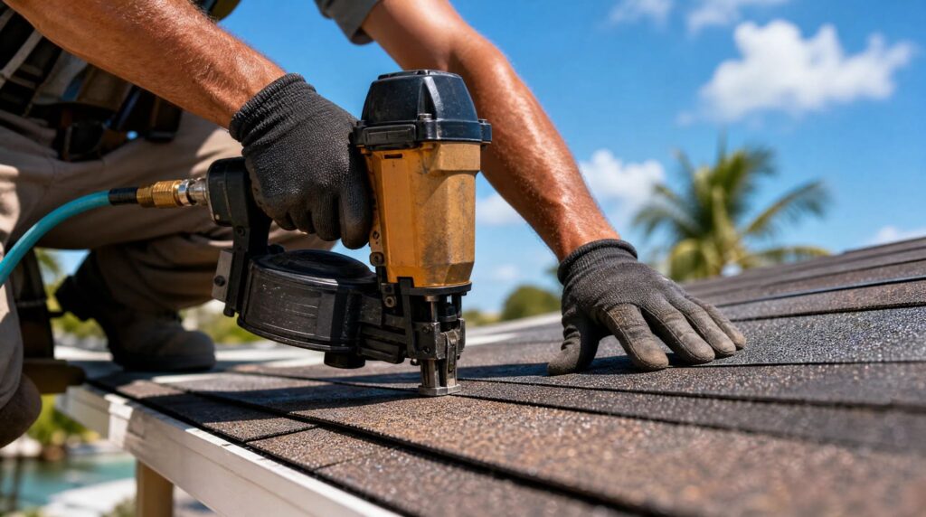 Close-up of expert shingle application during a Roofing Installation North Palm Beach, FL project.