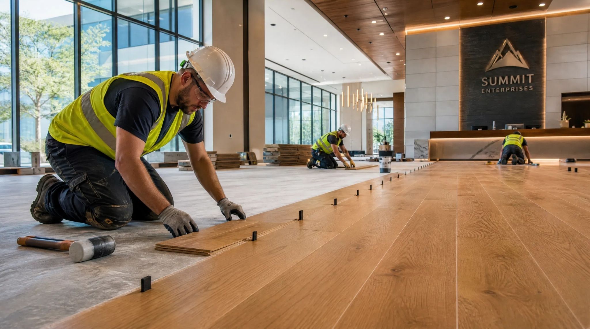 Professional hardwood floor installation in a corporate lobby for Sandy Springs, GA Commercial Flooring Installation.