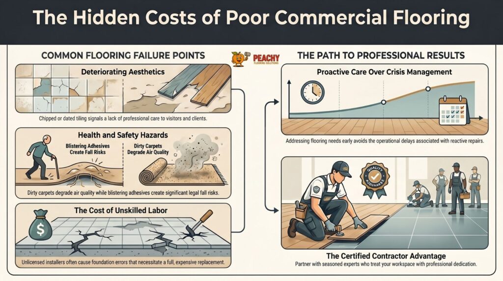 Infographic titled "The Hidden Costs of Poor Commercial Flooring" by Peachy Flooring Solutions, highlighting the benefits of professional Sandy Springs, GA commercial flooring installation.