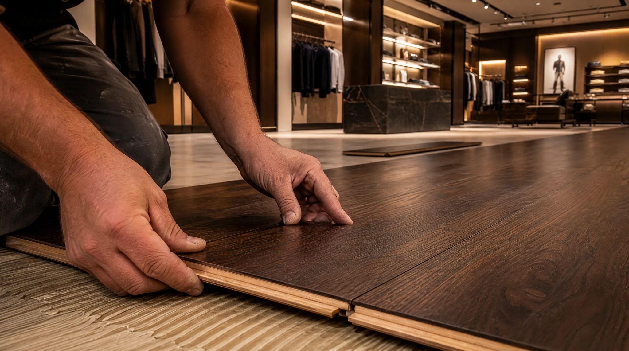 Close-up of walnut hardwood flooring being installed for a Sandy Springs, GA Commercial Flooring Installation project.