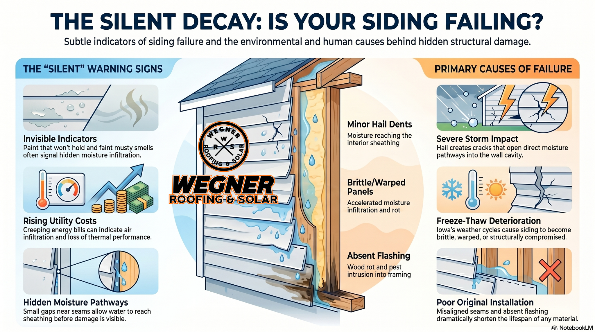 This graphic from Wegner Roofing & Solar, Siding Companies Des Moines Iowa, highlights the signs and causes of siding failure.