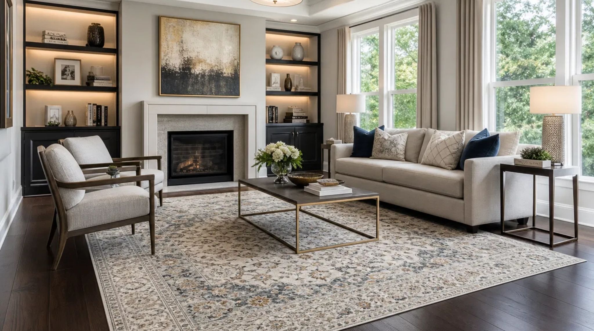 Modern living room featuring a luxury patterned rug as part of a premium Smyrna, GA carpet installation on dark walnut hardwood.