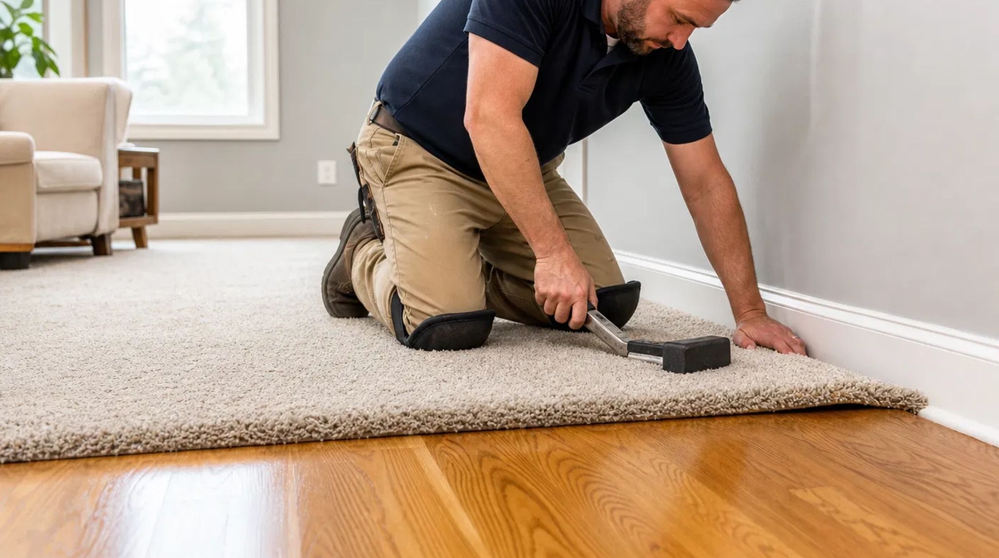 Professional flooring technician performing a Smyrna, GA carpet installation over existing hardwood floors using a knee kicker tool.