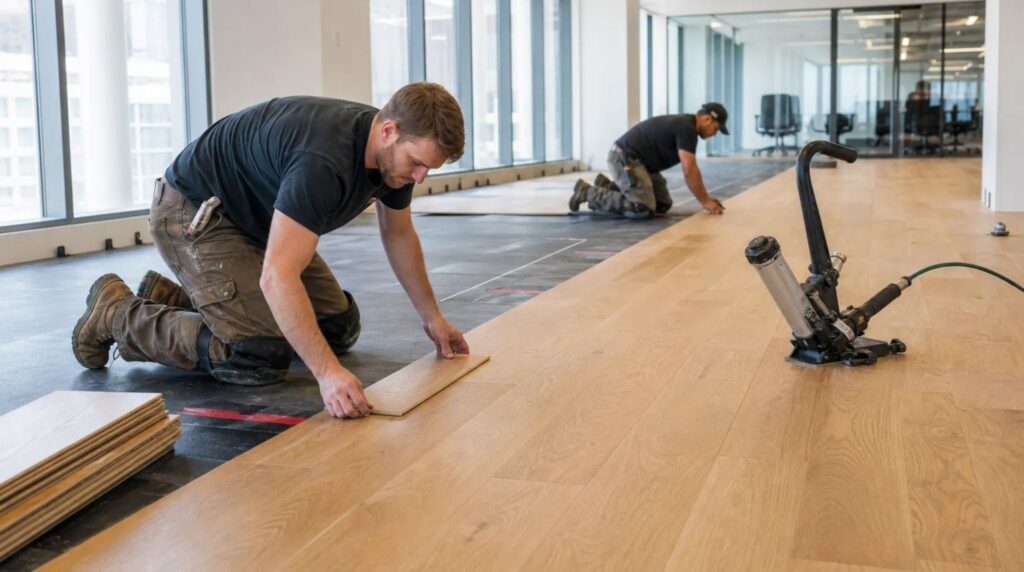 Professional hardwood floor installation in a commercial office in Smyrna, GA.