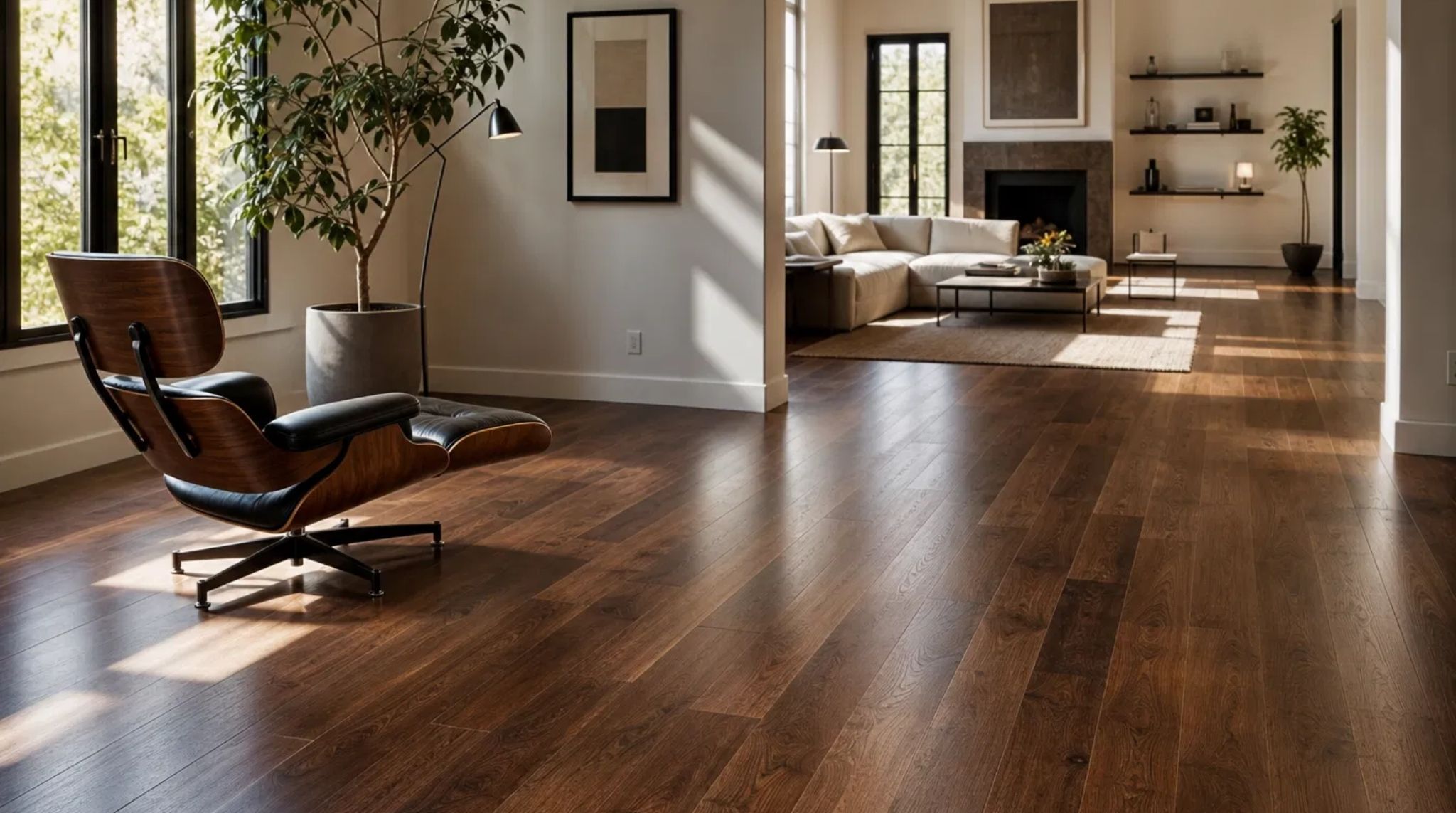 Elegant dark walnut finish after a successful Smyrna, GA Hardwood Floor Installation in a modern home.