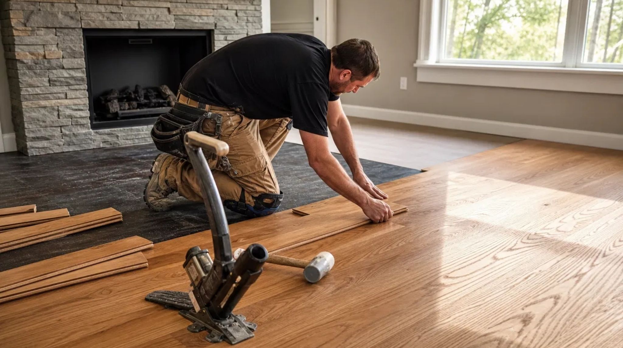 Professional contractor performing a Smyrna, GA Hardwood Floor Installation in a residential living room.