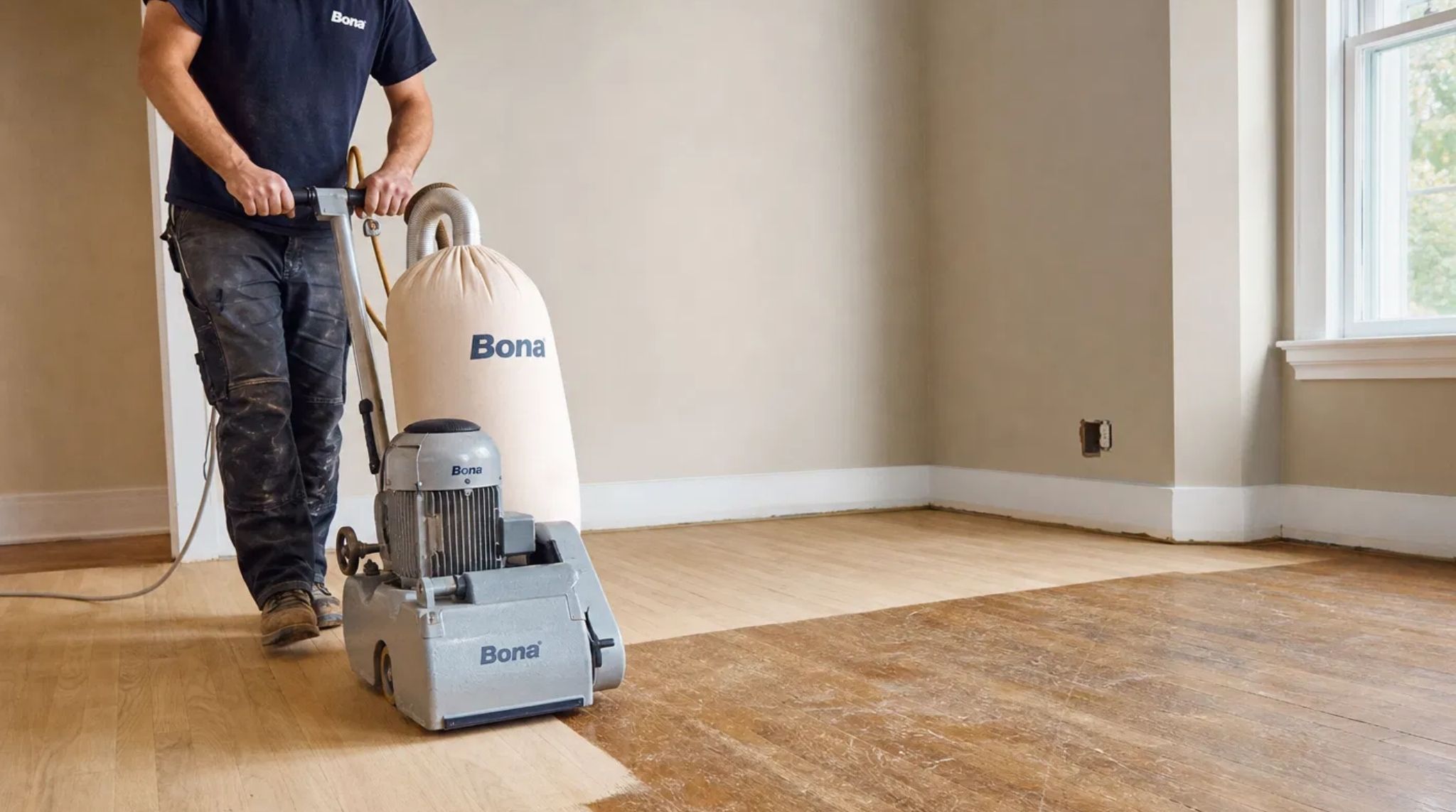 A professional contractor refinishing a hardwood floor in Smyrna, GA, showing the contrast between old and new wood.