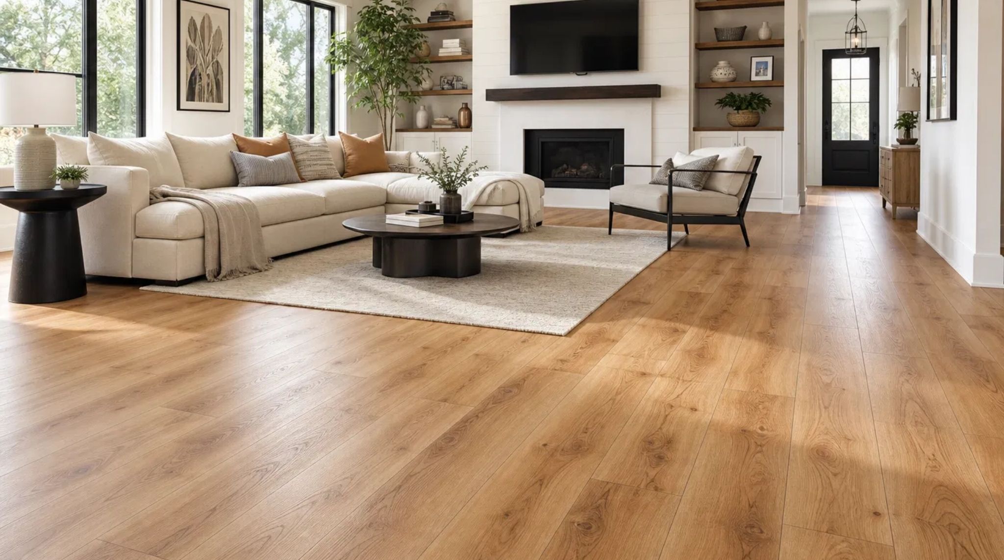 Beautifully installed LVP flooring mimicking hardwood in a modern living room, showcasing 'Smyrna, GA LVP Installation' results.