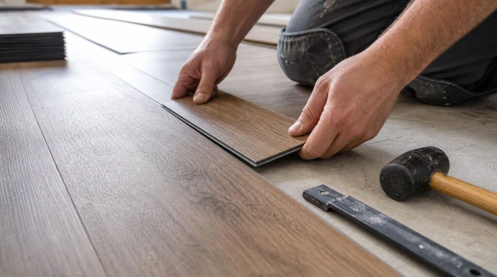 Professional LVP installation in progress, showing a flooring expert laying planks. Ideal for homeowners seeking 'Smyrna, GA LVP Installation'.