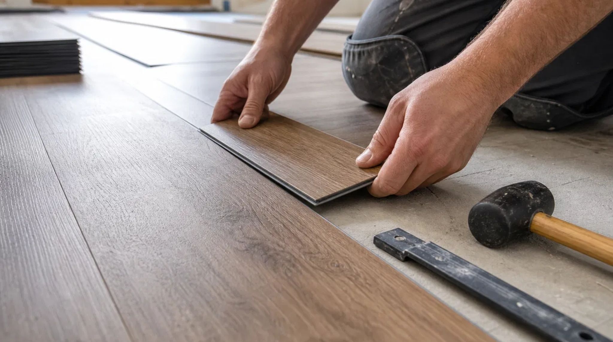 Professional LVP installation in progress, showing a flooring expert laying planks. Ideal for homeowners seeking 'Smyrna, GA LVP Installation'.