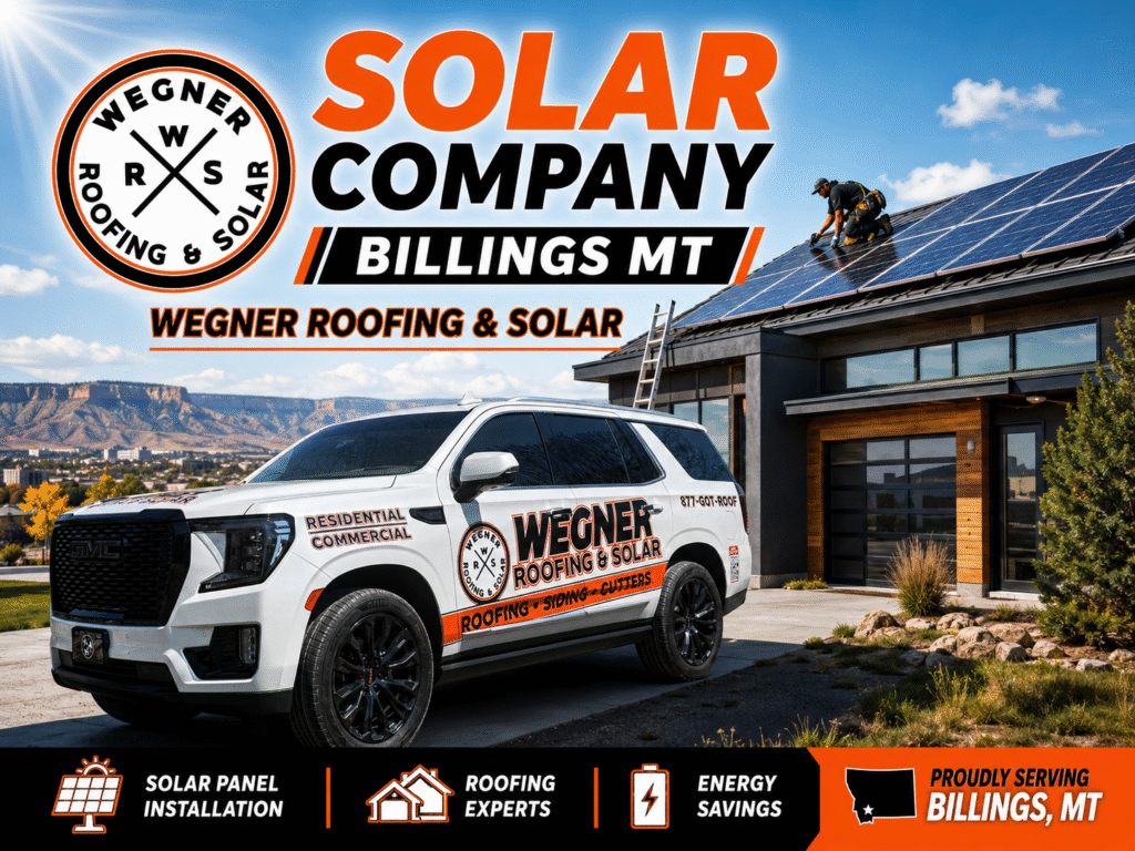 Wegner Roofing & Solar truck and crew installing panels for a premier Solar Company Billings MT.